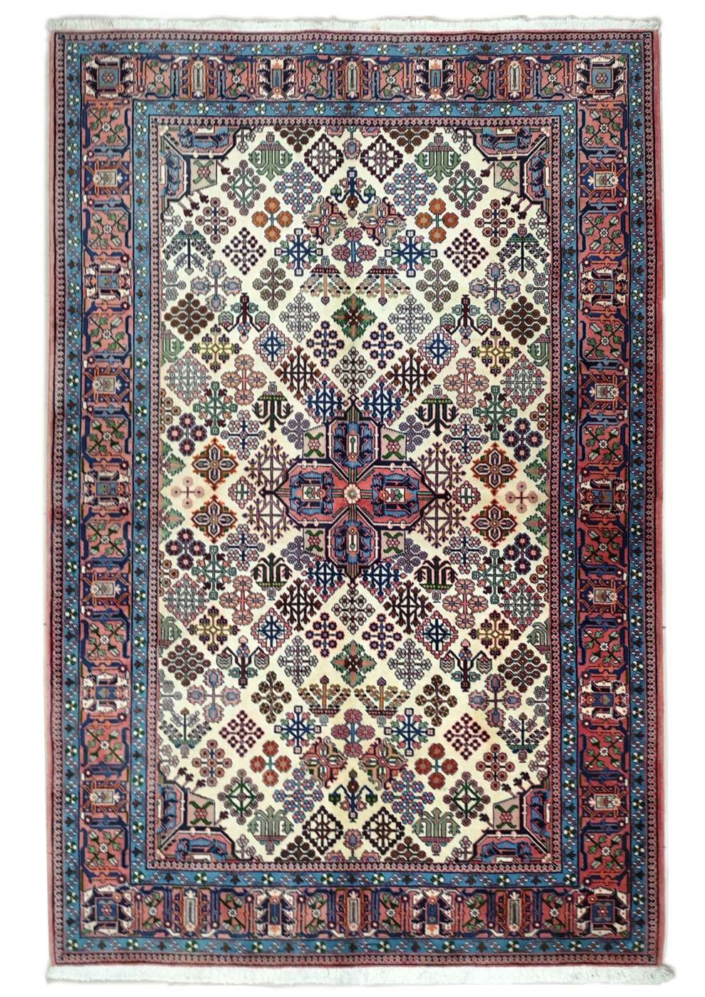 Tappeto Abadh persiano con influenze Ghashghai e motivi geometrici su base artigianale