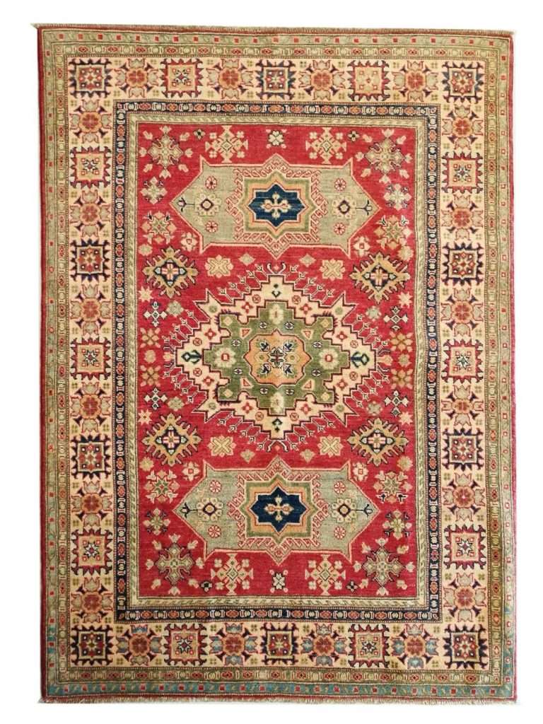 Tappeto Kazak Pashmi caucasico antico con motivi geometrici tradizionali annodato a mano