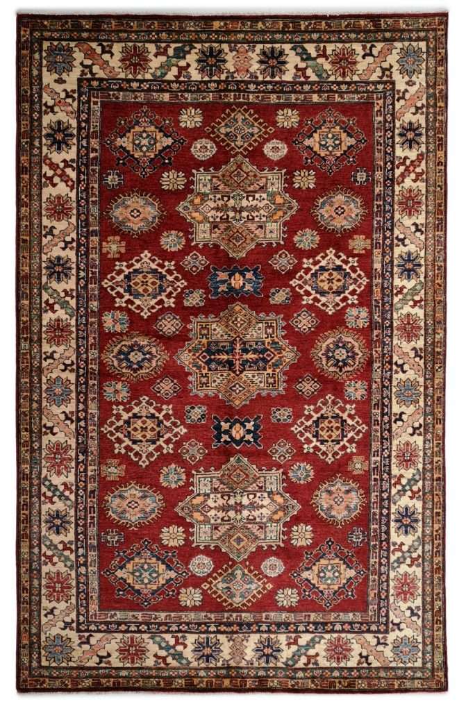 Tappeto Kazak Pashmi con motivi geometrici stilizzati, annodato a mano in stile caucasico