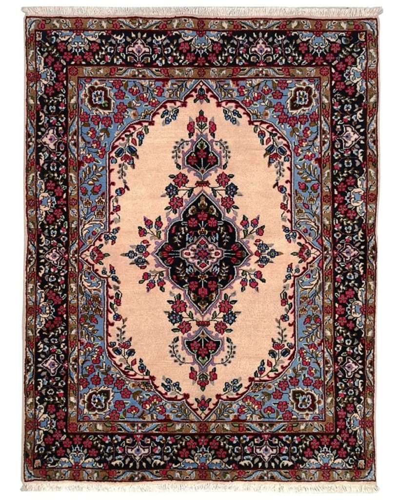 Tappeto persiano Kerman Laver in lana con colori tradizionali blu e beige