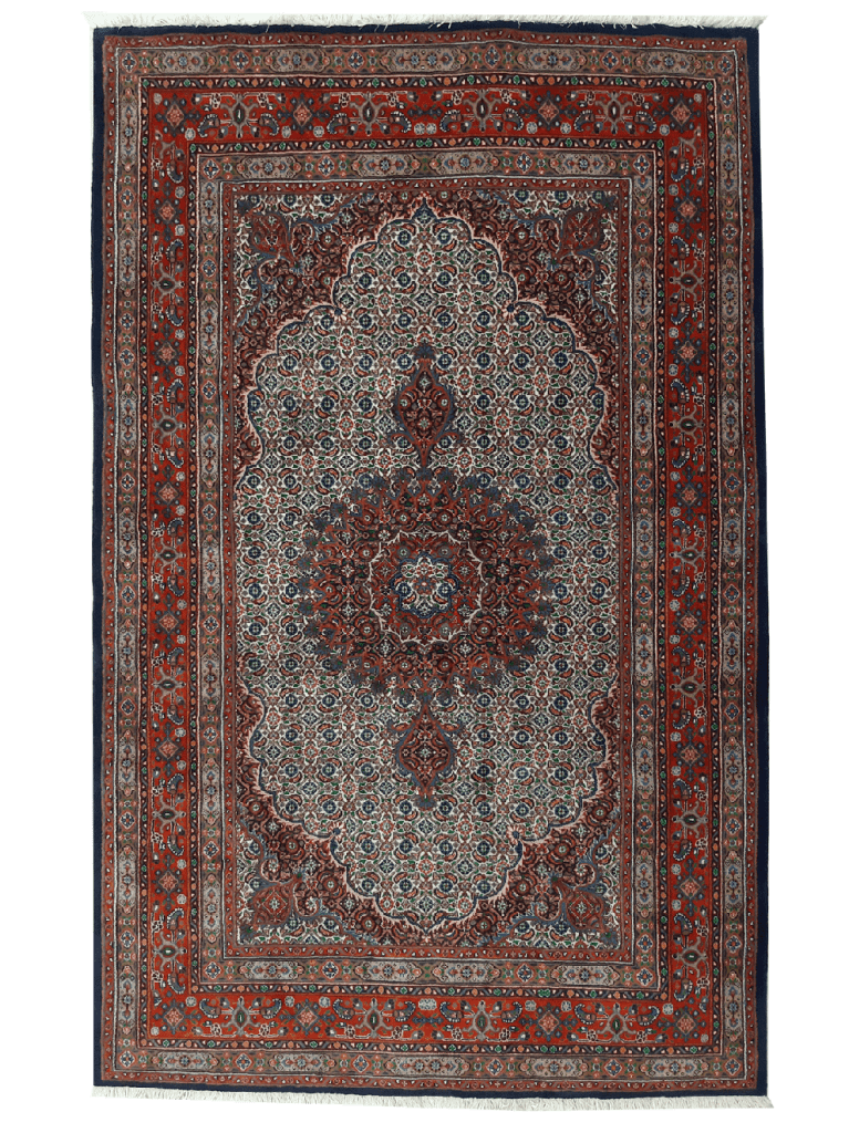 Tappeto Mud in lana morbida con disegni lineari, medaglione centrale e colori blu scuro, rosso e beige