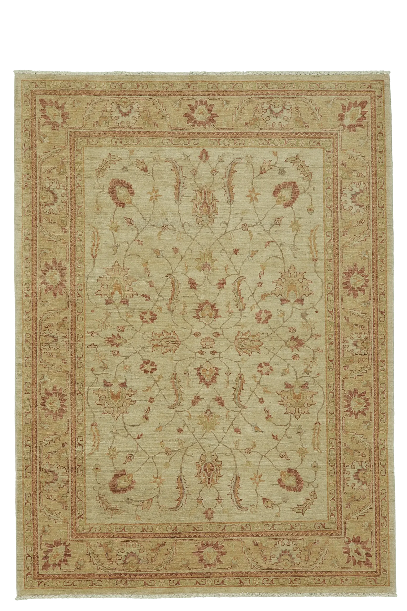 Tappeto Asla in stile orientale con fondo beige chiaro e motivi floreali nei toni rosa antico e sabbia