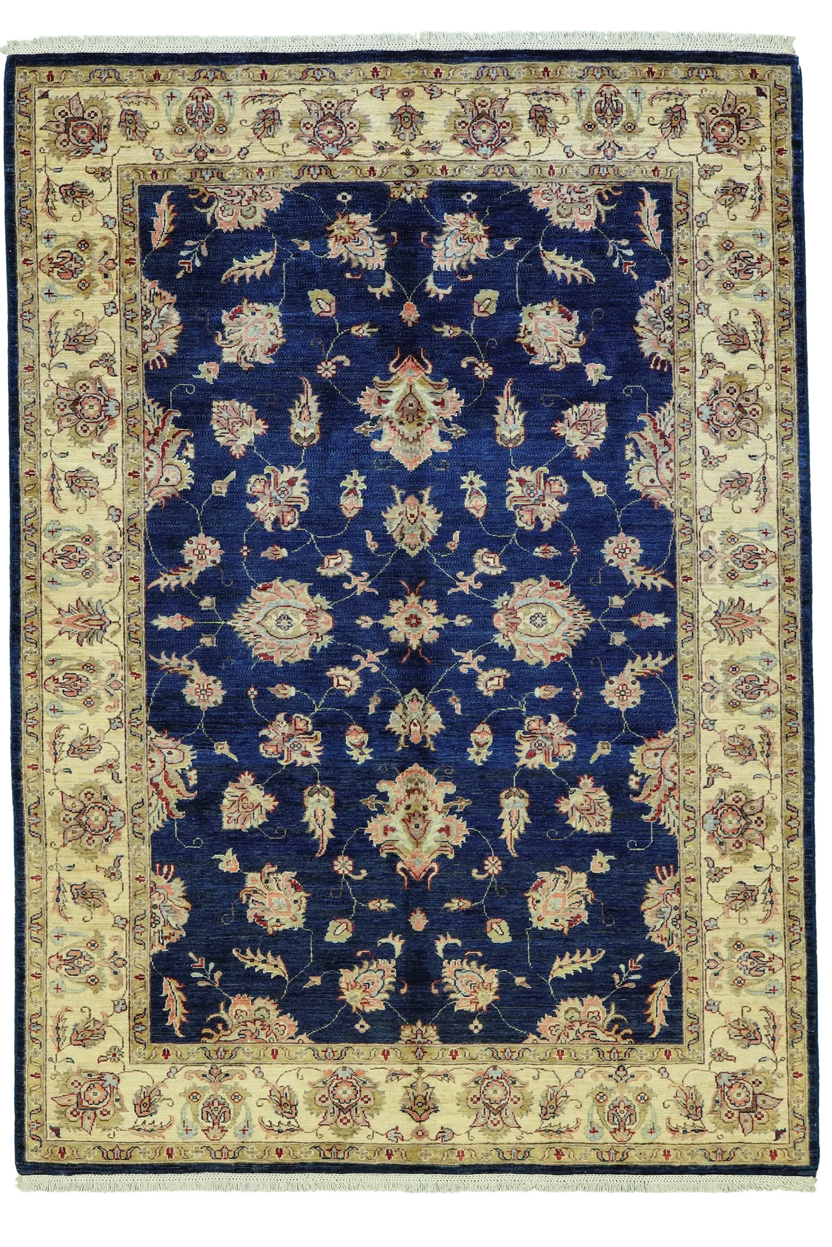 Tappeto Asla blu antico con eleganti motivi floreali orientali e bordura avorio decorata