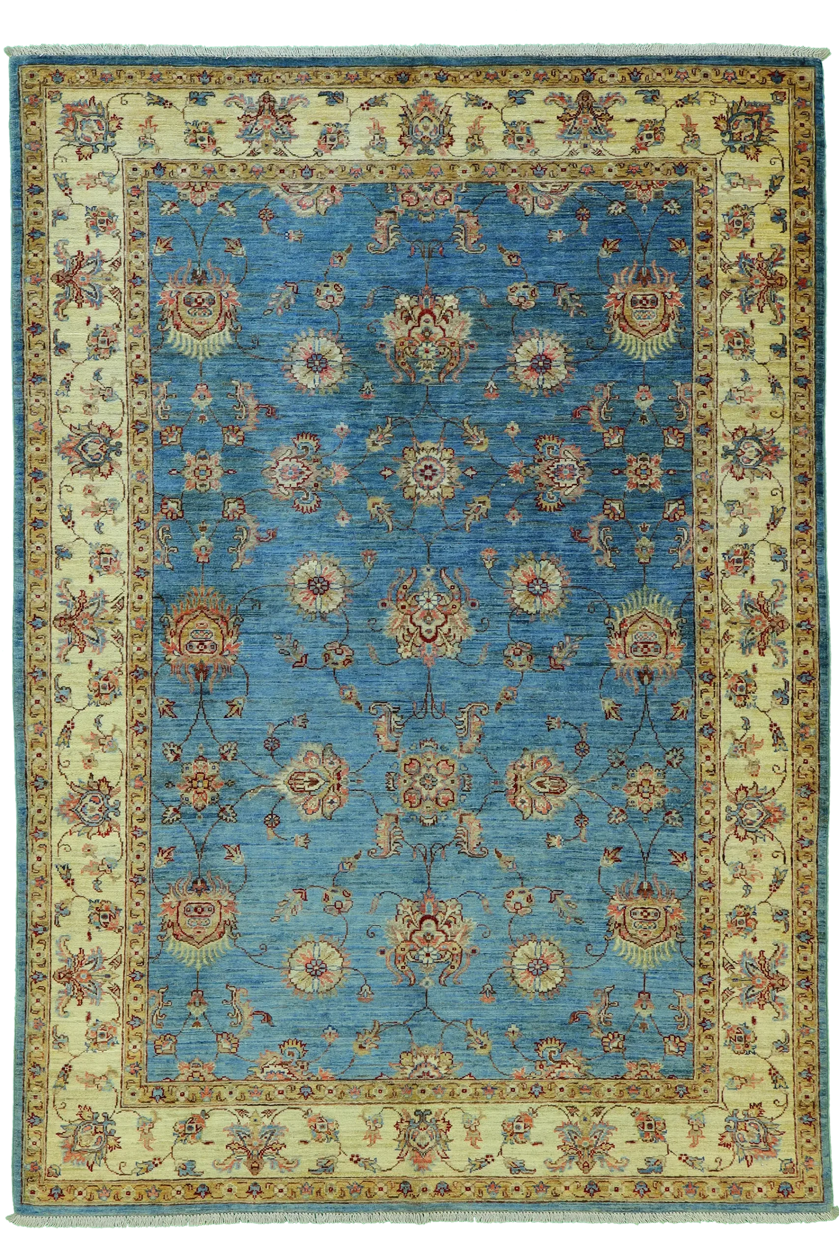 Tappeto Asla con fondo blu polvere e motivi floreali orientali dai dettagli beige e terracotta