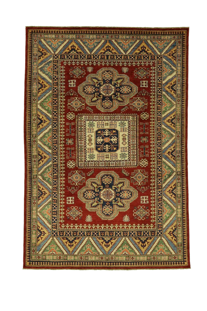 Tappeto Kazak Pashmi Extra con motivi geometrici ispirati alla tradizione caucasica e decorazioni orientali eleganti