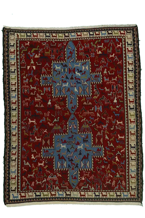 Tappeto Sumak orientale decorativo, ideale per arredare soggiorni e ambienti accoglienti.